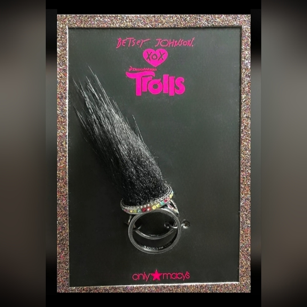 Betsey Johnson Macys 2016 Trolls gunmetal rhinestone blk hair Trolls ring 8 NWT - Picture 14 of 17